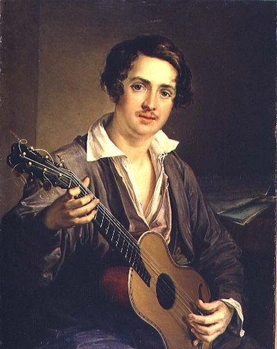 The Guitar Player: Portrait of the Virtuoso Guitarist Vladimir Ivanovich Morkov (1803-64) by Vasili Andreevich Tropinin