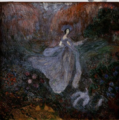 Morning. A Woman Dressed in Veils Walks Toward a Bird on the Ground in a Flower Garden. Work by Vasili Dmitrievich Millioti (1875-1943) by Vasili Dmitrievich Millioti