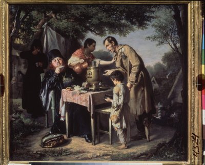Drinking tea at Mytishchi, near Moscow. (Orthodox monks drinking tea in a garden, a cripple and a poor child begging, repelled by a servant). Painting by Vasili Grigorievich Perov (1834-1882) by Vasili Grigorevich Perov
