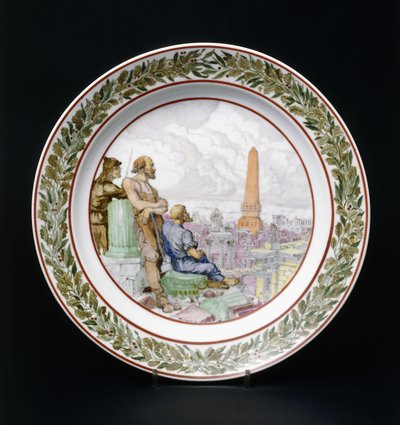 A Soviet propaganda porcelain dish, depicting a soldier of the Red Army, a worker and a peasant by Vasilii Timorev