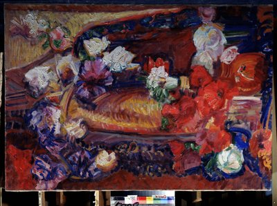 Still Life with a Decorative Pillow and Flowers by Vasily Ivanovich Denisov