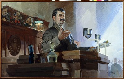 Joseph Stalin (Joseph Vissarionovich Djougachvili) (1879-1953) Redefines the Soviet Constitution (Stalin Constitution) at the 8th Extraordinary Congress of Soviets on December 5, 1936. Viatcheslav Molotov (1890-1986) is Seen on the Right by Vasily Semyonovich Svarog