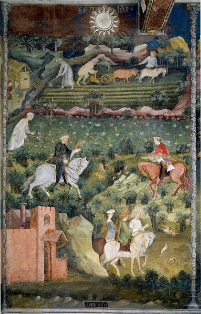 September: Falcon hunting and field plowing. Agriculture scene with cart pulled by oxen and agricultural tools. by Venceslao Maestro
