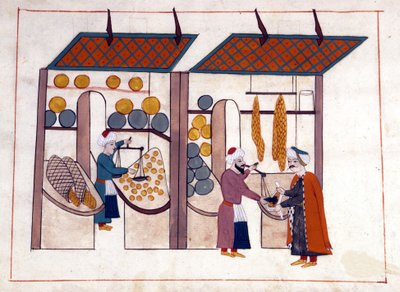 A fruit and vegetable merchant (four seasons) in Constantinople, Turkey under the Ottoman Empire. Miniature from 
