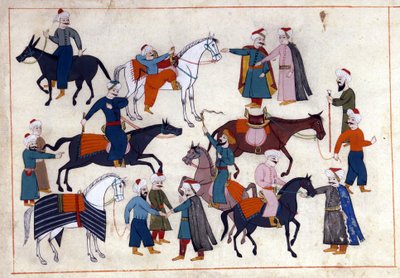 A horse market in Turkey under the Ottoman Empire. Miniature from “Turkish Memorials” (codex Cicogna 1971 “Memorie Turchesche”) Watercolour from the 17th century Venetian school by Venetian School
