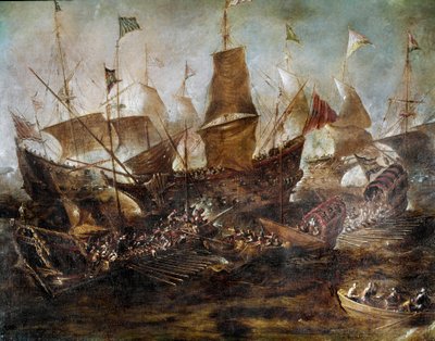 Battle between Venetian and Turkish fleets by Venetian School