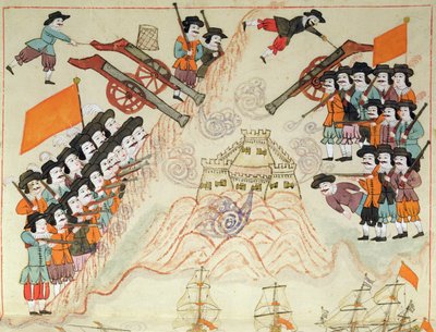 Miniature from the Memorie Turchesche depicting the Venetians and their allies recapturing the fortress on Limnos from the Ottoman Turks by Venetian School