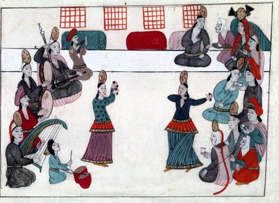 Musicians and dancers under the Ottoman Empire. Miniature from “Turkish Memorials” (codex Cicogna 1971 “Memorie Turchesche”). Watercolour from the 17th century Venetian school. by Venetian School