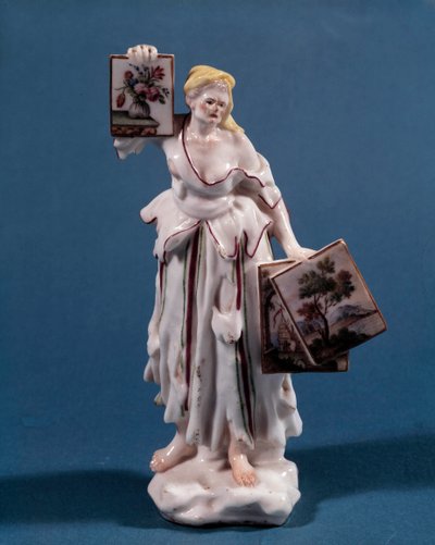 Porcelain statuette representing a young woman selling or showing prints by Venetian School
