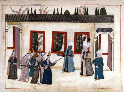 The Sultan visits the favorite with the mother and chief of the Eunuchs. Miniature from Turkish Memorials (codex Cicogna 1971 Memorie Turchesche) Watercolour from the 17th century Venetian school by Venetian School