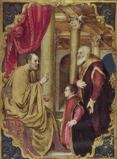 Venetian Senator or Doge presenting his son to his patron saint by Venetian School