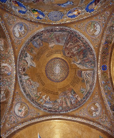 View of the dome with mosaics on a golden background illustrating the life of Moses. In the pendants, the four prophets Solomon, David, Zechariah, Malachi. The beginning of the 13th century. Basilica San Marco by Veneto Byzantine School