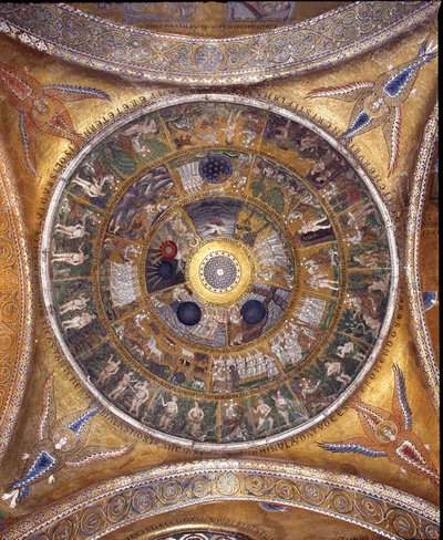 View of the dome with mosaics on a golden background by Veneto Byzantine School