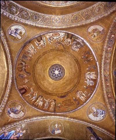 View of the dome with mosaics on a golden background by Veneto Byzantine School