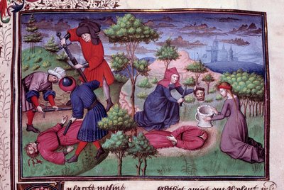 Murder scene of two men whose murderers cut their head off. Page of a manuscript in French of the Decameron by Giovanni Boccaccio. 1450. Paris, Library of the Arsenal by Vicente de Paredes
