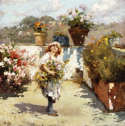A Young Girl Gathering Flowers in the Sunshine by Vicenzo Irolli