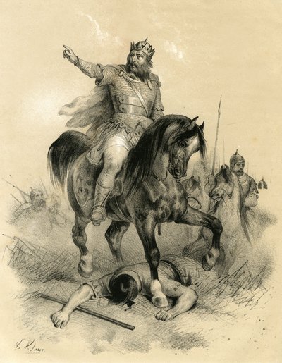 Attila (v. 395-453) the Sole Leader of the Huns in 445, Ravaged the Empires of the East and the West - Barbarian Invasions - Engraving by Victor Adam in the Book 