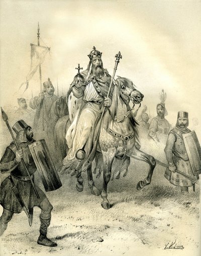 Emperor Charlemagne, Bearing the Emblems of Power, Rides at the Head of His Troops Soldiers in Armor. Engraving by Victor Adam in the Book 