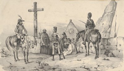Soldiers gathered in front of a church with priests and a crucifix, mid-19th century by Victor Adam
