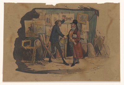 Street Vendor with a Stall Full of Art Stops a Man by Victor Adam