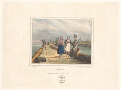Two Girls and a Soldier on the Pier at Calais (Costumes of the Inhabitants of Port Towns) by Victor Adam