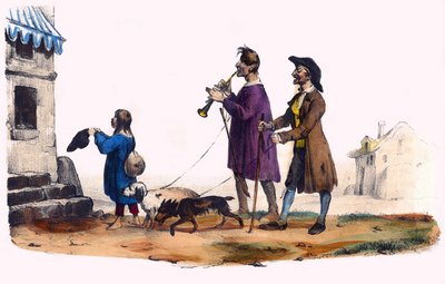 Two blind led by dogs and a beggar child. In “Album Grotesque, Choices of Outstanding Types”, illustrations by Victor Adam, Paris, circa 1850. by Victor Adam