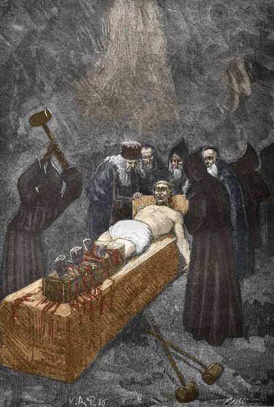 Case of the Possessed of Loudun around 1630: witch hunt, the French priest Urbain Grandier who allegedly made a pact with the devil and accused of bewitching nuns, is tortured by Victor Armand Poirson