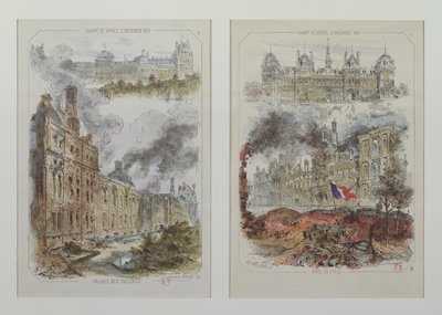 Views of the Tuileries Palace and the Hotel de Ville before and after the fires of 1871 by Victor Coindre