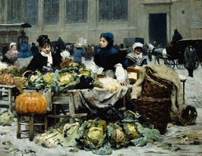 A Vegetable Stand, at Les Halles Centrales, Paris by Victor Gabriel Gilbert