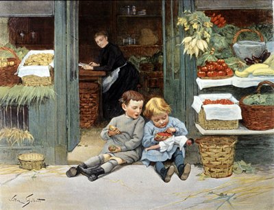 Two children eating an apple and strawberries. Illustration by Victor Gabriel Gilbert