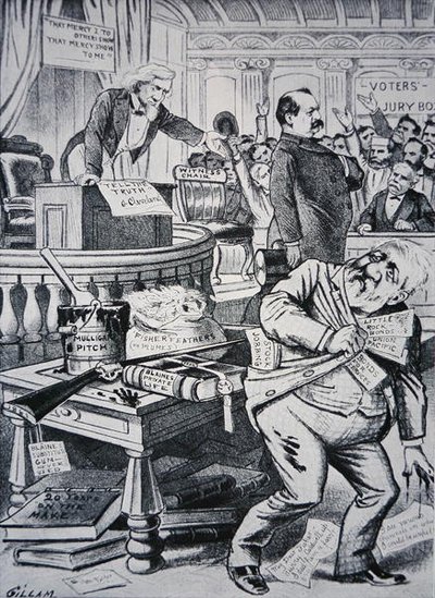 Grover Cleveland (1837-1908) telling the truth about his private life, while his opponent James Blaine (1830-93) is portrayed as corrupt by Victor Gillam