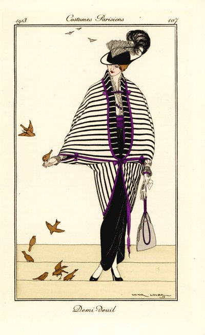 Woman in half-mourning outfit of cape and gown by Victor Lhuer