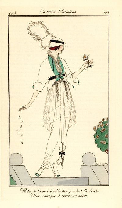 Woman in linen dress with double tunic in embroidered tulle, little casaque jacket lined with satin by Victor Lhuer