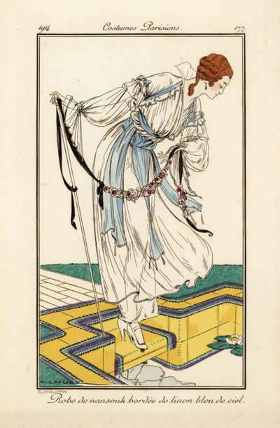 Woman in nainsook dress bordered with sky-blue linen by Victor Lhuer