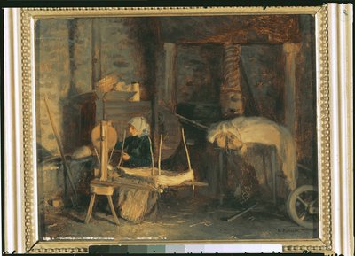 An Elderly Woman Winding Hemp near a Press by Victor Marie Roussin