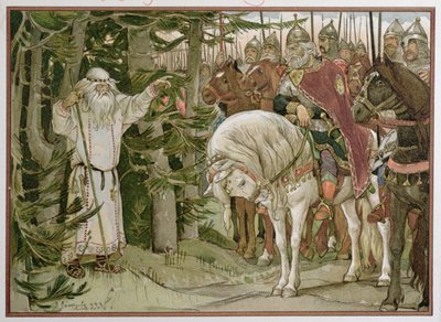 Prince Oleg meets the soothsayer who prophesizes that his horse will be the cause of his death, illustration from 
