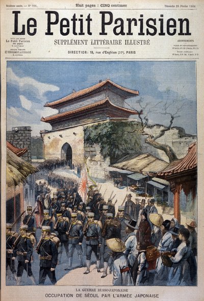 Japanese Army Occupies Seoul, Korea - Engraving from Le Petit Parisien, 28/02/1904 by Victor Mottez