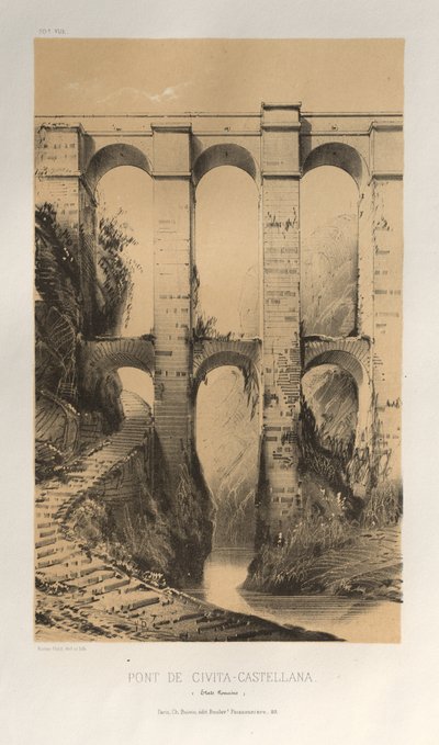 Picturesque Architecture or Monuments of the 15th and 16th Centuries: Castles of France of the 15th and 16th Centuries: Pl. 50, Bridge of Civita-Castellana (Roman States) by Victor Petit