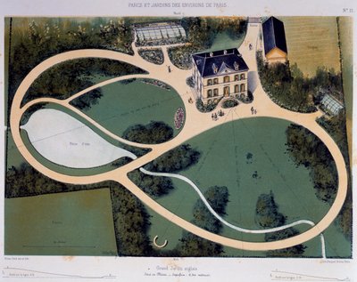 Large English Garden of 6300 Square Metres, Illustration Taken from Parcs et Jardins des Environs de Paris (Parks and Gardens around Paris), Ca 1850 by Victor Petit