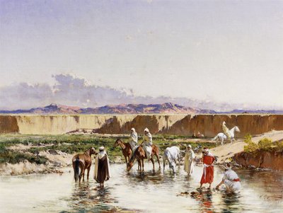 Arab Horsemen watering in an Oasis by Victor Pierre Huguet