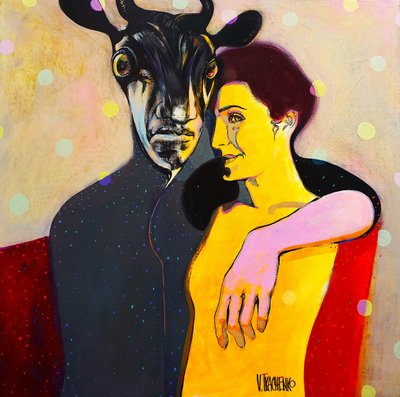 Couple with Horned Figure by Victor Tkachenko