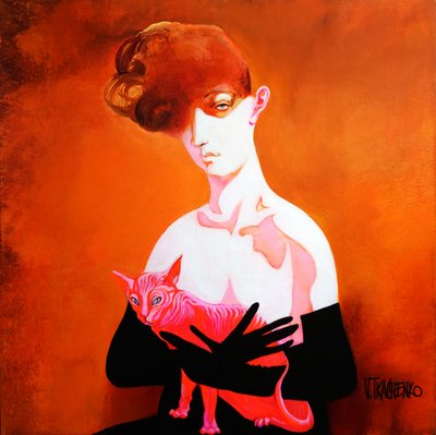 Woman Holding Sphinx Cat by Victor Tkachenko