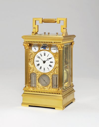 French brass grande sonnerie eight day carriage clock with full calendar, moonphase, barometer & thermometer by Victorien Boseet