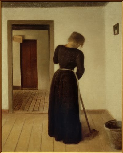 Interior with a Young Woman Sweeping by Vilhelm Hammershoi