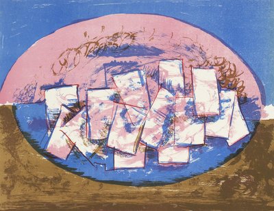 Blue and Pink Ellipse with Squares on Brown and Blue Background by Vilhelm Lundstrøm