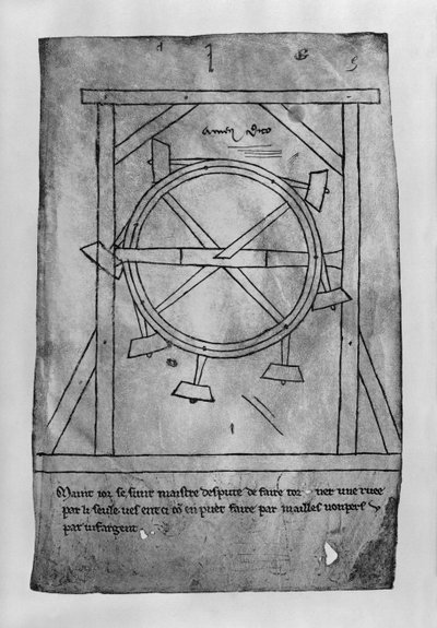 Supposedly perpetual motion mallets and wheel (facsimile copy) by Villard de Honnecourt