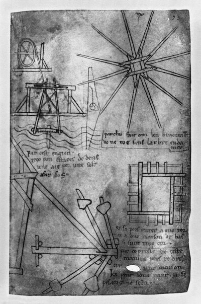 Various Engines and Instruments: Under Water Sawing Machine for Piles, Wheel Embrasure, Straightening Up Strut for Leaning House, Short Wooden Pieces Assembling Model (facsimile copy) by Villard de Honnecourt