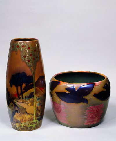 Vases with landscape and birds by Vilmos Zsolnay