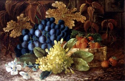 A still life of grapes and a basket of strawberries on a mossy bank by Vincent (after) Clare