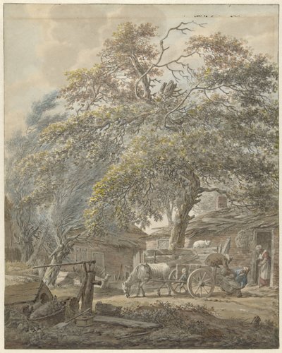 Farmyard with Two Men Loading a Cradle onto a Horse Cart by Vincent Jansz. van der Vinne